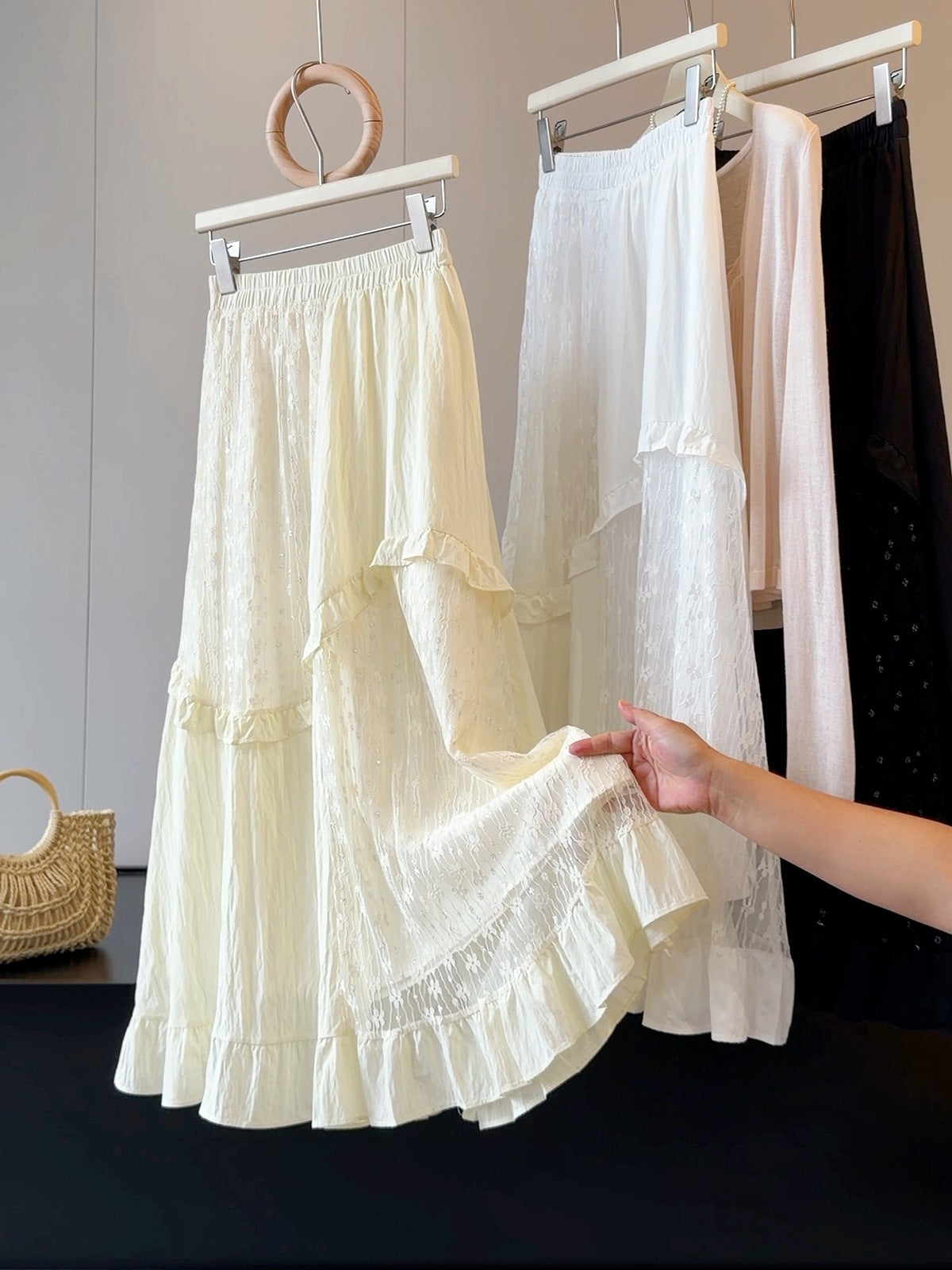 French Design Lace Stitching Skirt Women Summer High Waist Slimming A line Mid Length Tiered