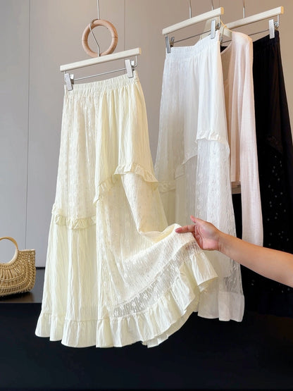 French Design Lace Stitching Skirt Women Summer High Waist Slimming A line Mid Length Tiered