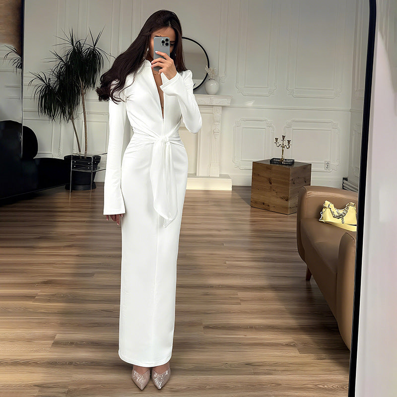 Fall Women Clothing Solid Color Collared Waist Tight Slim Fit Lace up Long Sleeve Zipper Dress