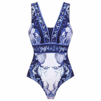 Sexy V neck Printed Swimsuit Women's Vacation Beach Two Piece Sets