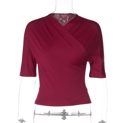 Women Clothing Summer Solid Color V neck Trend Slim Fit Slimming Mid Length Sleeve T shirt Top