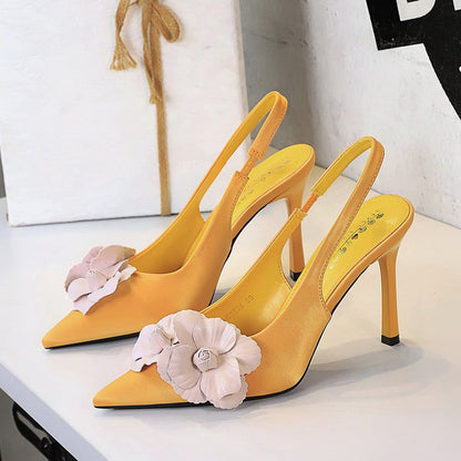 Cocktail Hollow Out Cutout out Back Strap Pointed Stiletto Heel High Heels Color Blocking Floral Women Shoes Shallow Mouth Pumps