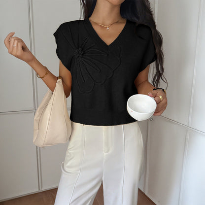 Women Clothing Autumn Winter Casual Vacation Deep V Plunge Neck Solid Color Sweater with Short Sleeves