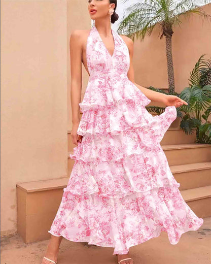 Spring Women Clothing Dress Sexy V neck Sling Multi Layer Printing Dress