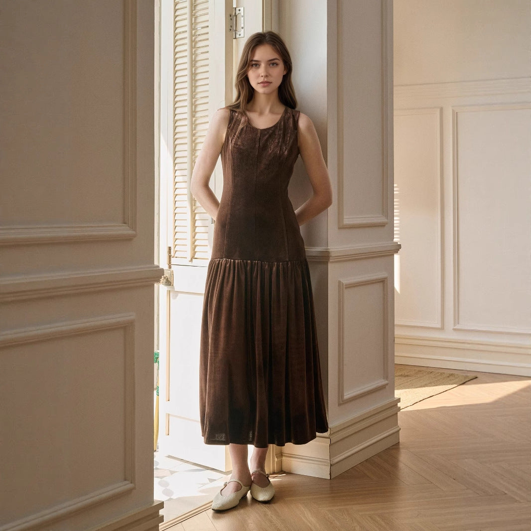 Women Clothing Autumn Solid Color Pleated Dress Sleeveless Slimming Velvet Dress