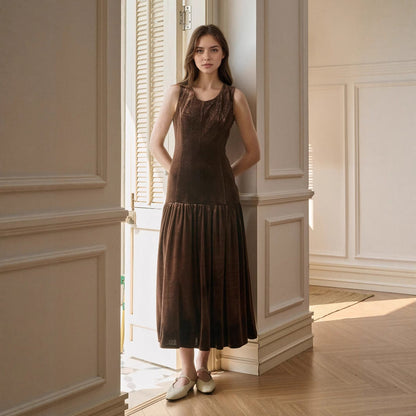 Women Clothing Autumn Solid Color Pleated Dress Sleeveless Slimming Velvet Dress