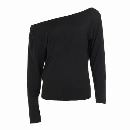 Black Sexy Lace Stitching Hollow Out Cutout out See through Backless Top Swing Collar off Shoulder Waist Controlled Long Sleeves T shirt