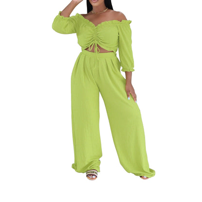 Women Clothing Half Sleeve Pleated Lace up Loose Breathable Two Piece Sets Sexy Summer
