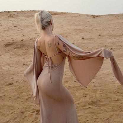 Sexy Adult Lady like Woman Elegant Batwing Sleeve Shawl Strap Backless Cami Dress Two Piece Set for Women