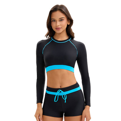 Long Sleeve Women Sports Split Swimsuit Conservative Color Matching Boxer Sun Protection Swimming Set