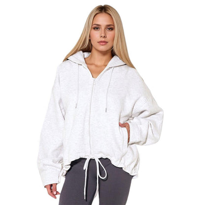 Women Casual Hooded Zipper Polyester Knitted Women Casual Solid Color Original Coat