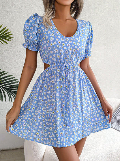 Spring Summer Casual Hollow Out Cutout out Tied Short Sleeve Floral Dress Women Clothing