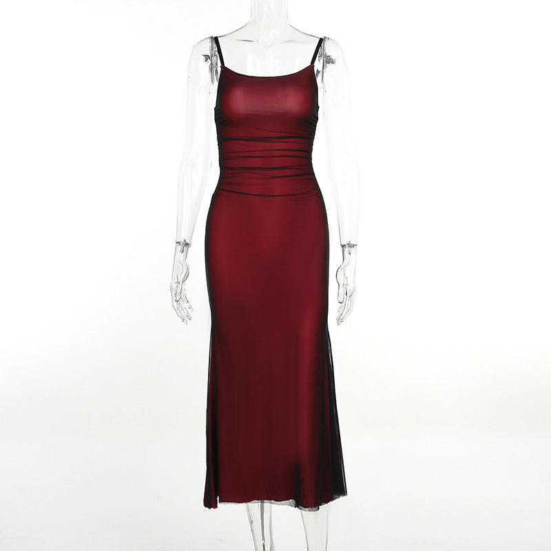 Women Contrast Color Suspenders Dress Summer Sexy Slim Fit Pure Dress for Women
