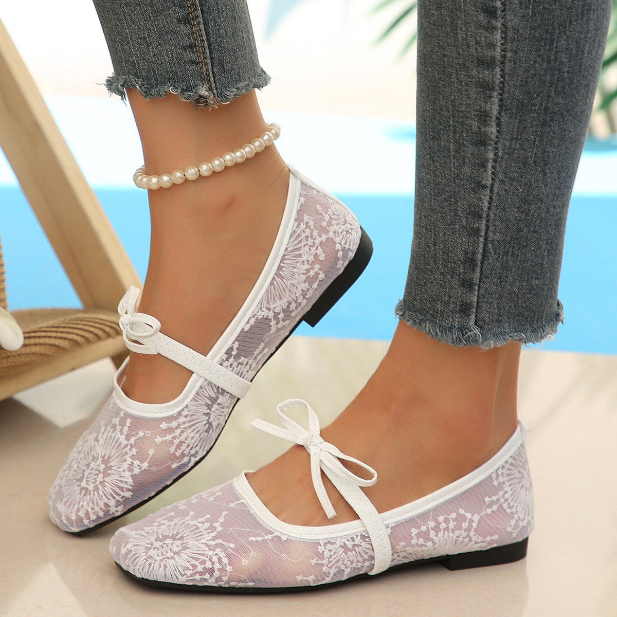 Lace Square Toe Low Cut Shoes Women Women Bow Mary Jane Breathable Work Shoes