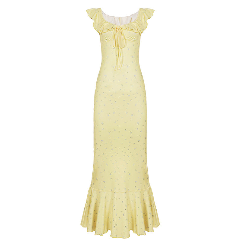 Summer Vacation Ruffled Tied Floral Dress Sexy Slit Slim Fit Fishtail Dress Women