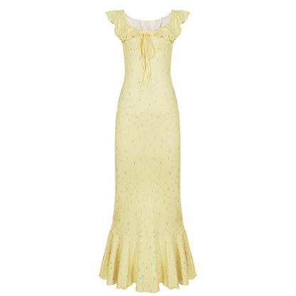 Summer Vacation Ruffled Tied Floral Dress Sexy Slit Slim Fit Fishtail Dress Women