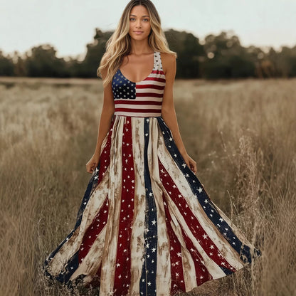 Retro Flag Printed V neck Sling Independence Day Vacation Dress