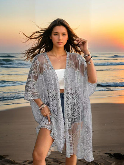 Women's Clothing Sexy See through Water Soluble Lace Embroidered Cardigan Beach Bikini Sun Protective Blouse