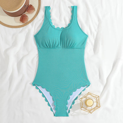 Cut Floral Conservative Solid Color One Piece Swimsuit Women Bikini Swimsuit
