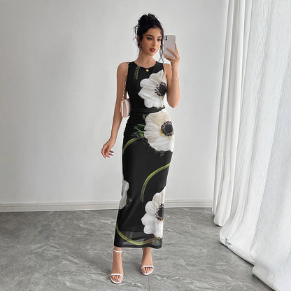 Spring Summer Women Black Mesh Floral Print Sleeveless Maxi Dress