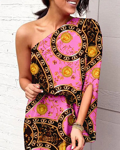 Women Clothing Dress Sexy Oblique Shoulder Elegant Single Side Sleeve Dress for Women