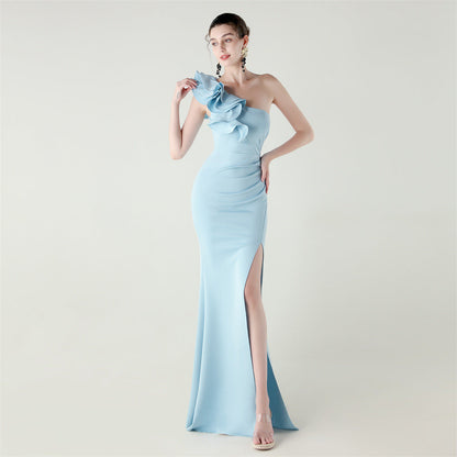 One Shoulder Craft Wave Floral Satin High Slit Sexy Evening Dress Dinner Party Wedding Social