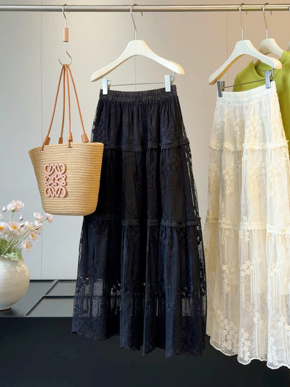 Gentle Three Dimensional Floral Lace Skirt Women Summer Elastic High Waist Hollow Out Cutout out Mesh Large Swing