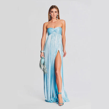 Summer Chest Wrapped Dress Stylish Texture Sexy Slit Women Evening Dresses