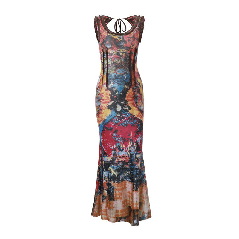 Women Clothing Summer Retro Tie Dyed Printed Sexy U Collar Slim Dress Maxi Dress