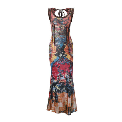 Women Clothing Summer Retro Tie Dyed Printed Sexy U Collar Slim Dress Maxi Dress
