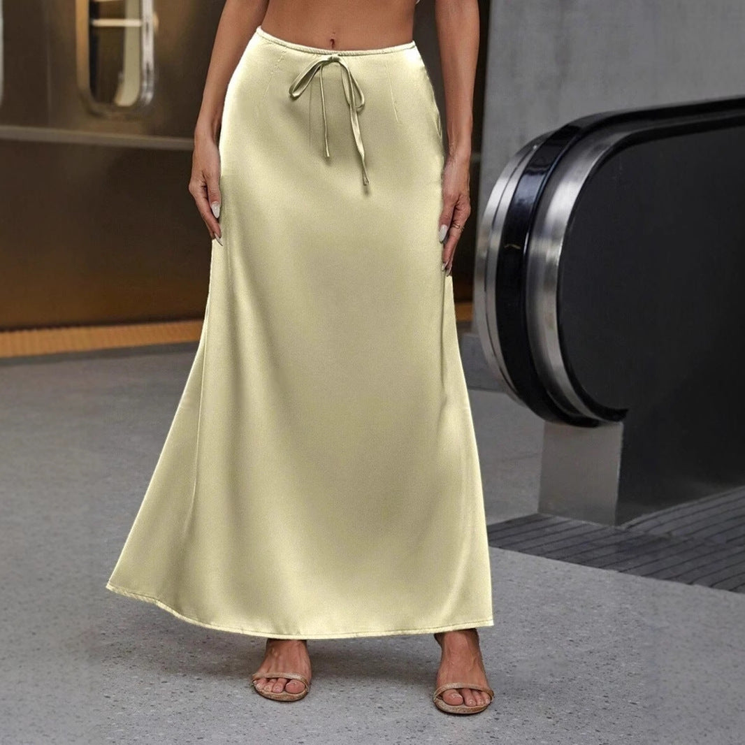 Popular Satin Satin Skirt Spring Autumn Elegant Lace up Long Skirt