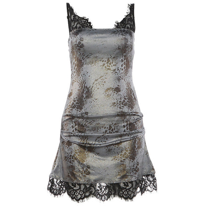 Spring Summer Women Sexy Spaghetti Strap Floral Print Contrast Color Lace Slim Fit Dress For Women