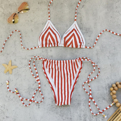 Three Point Multi Rope Lace up Sexy Backless Striped Bikini Split Swimsuit Women