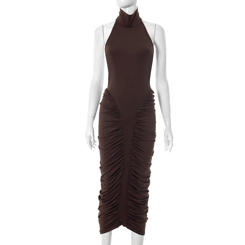 Women Clothing Summer Halter High Collar Pleated Hip Dress Women