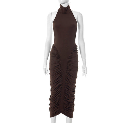 Women Clothing Summer Halter High Collar Pleated Hip Dress Women