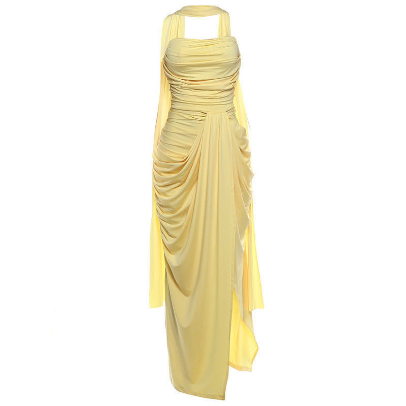 Spring Women Clothing Graceful Fashionable Slim Fit Scarf Tube Top Sexy Slit Formal Dress