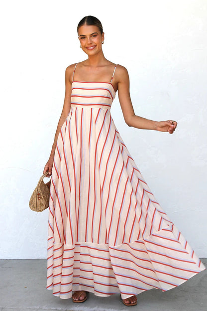 Summer Cami Dress Striped Print High Waist Big Swing Vacation Women Dress