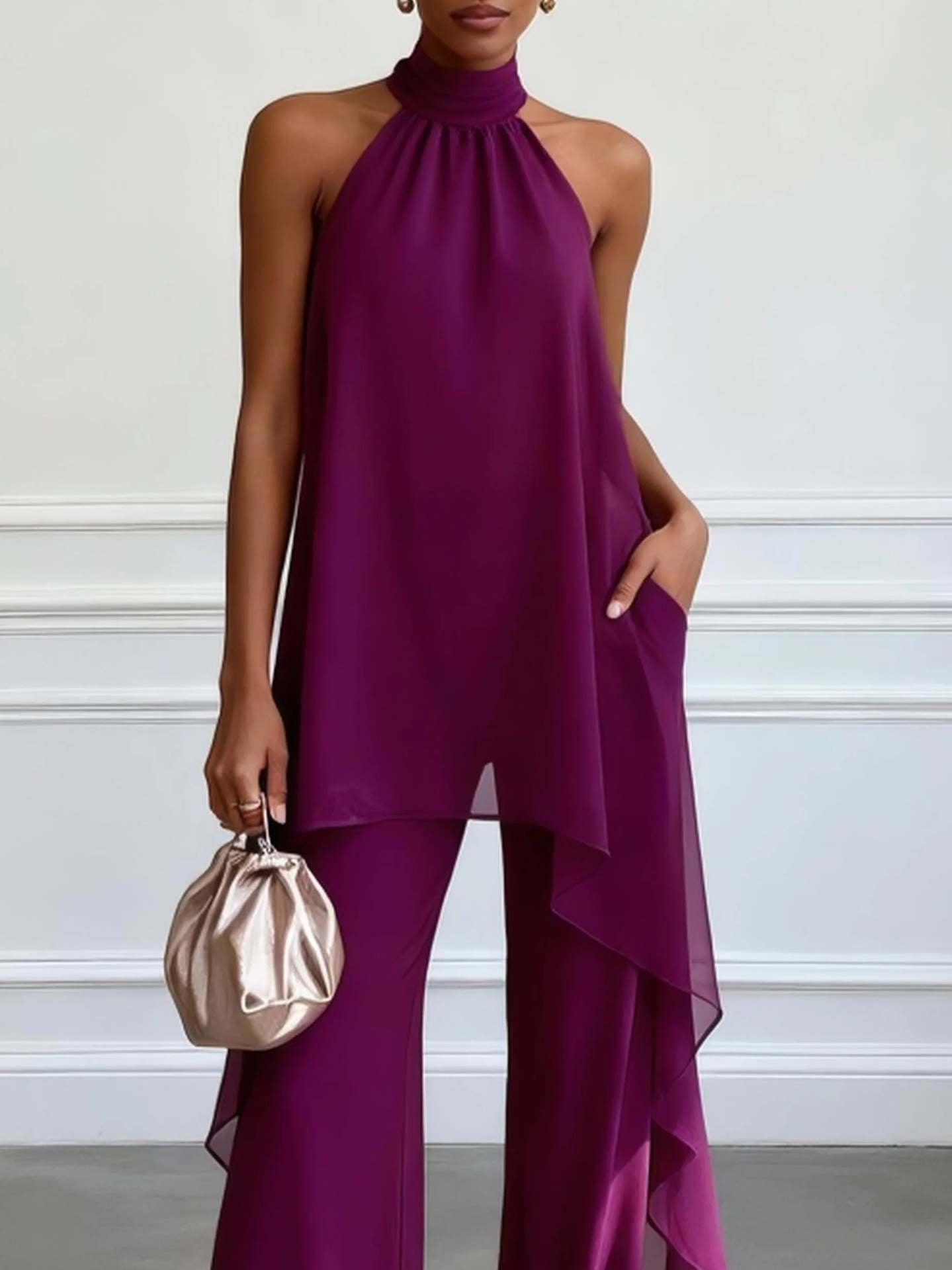Elegant Halter Sleeve Chiffon Two Piece Sets