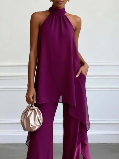 Elegant Halter Sleeve Chiffon Two Piece Sets