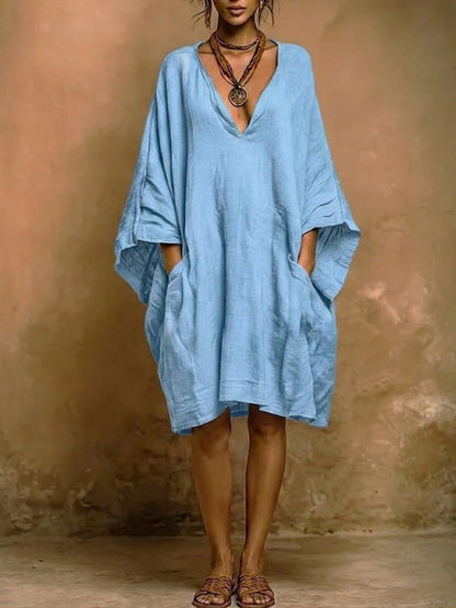 Loose Large V neck Pocket Batwing Sleeve Solid Color Midi Dress