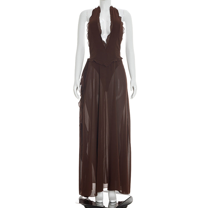 Sexy Low Collar High Slit Halter Lace Dress