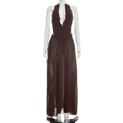 Sexy Low Collar High Slit Halter Lace Dress