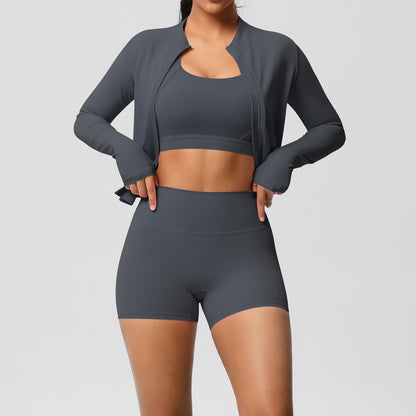 Solid Color Cloud Sense Yoga Bra Sports Coat Pilates Running Shorts Fitness Yoga Wear Three Piece Set for Women