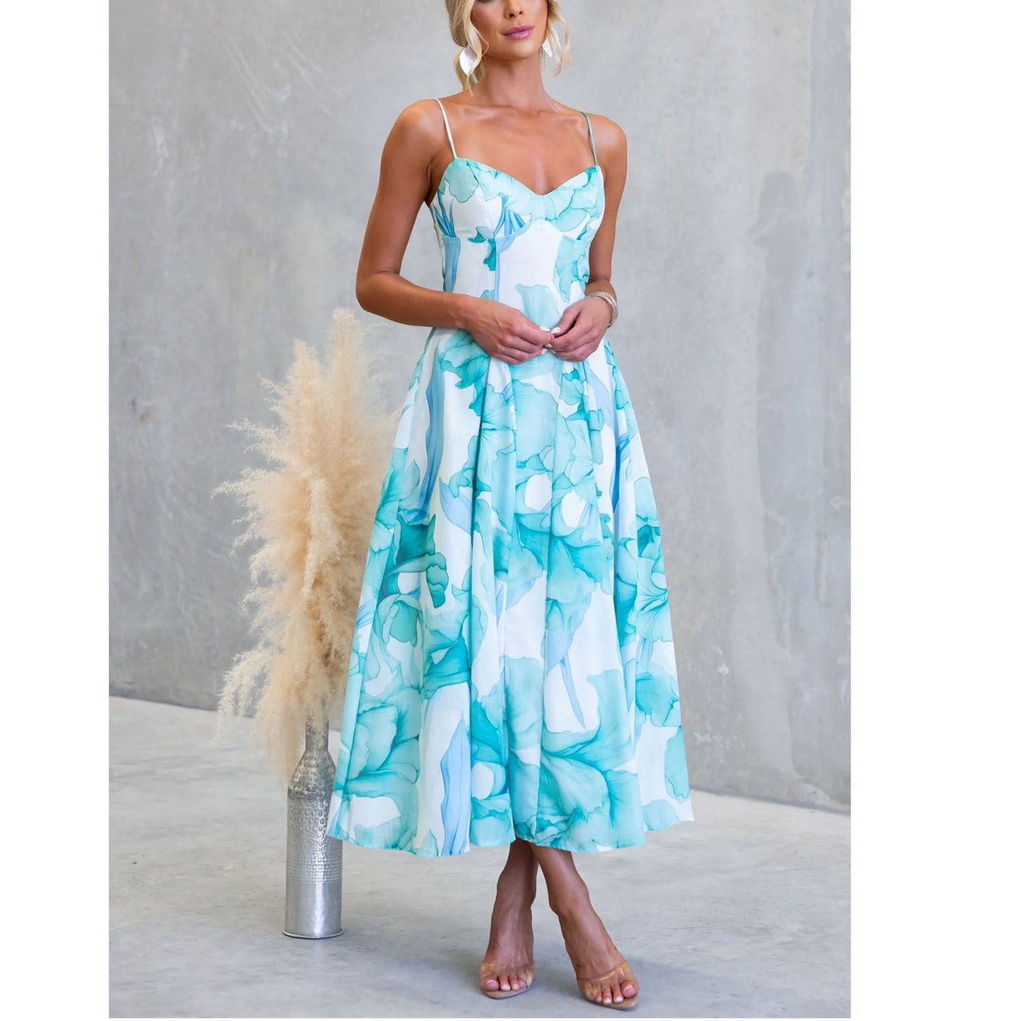Spring Summer Digital Printing Large Swing Sweet Mid Length Strap Dress