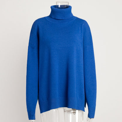 Turtleneck Sweater Women Autumn Winter Casual Sweater Slit Loose Solid Color Knitted Sweater