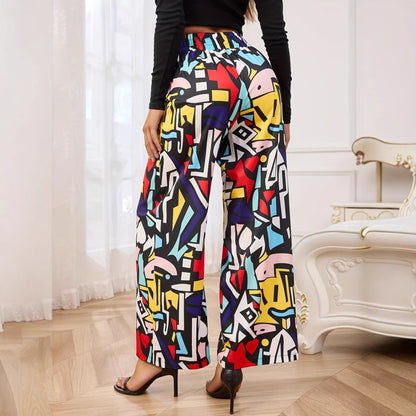 Pants Digital Printing Colorful Graffiti Printing Contrast Color Belt Elastic Waist Wide Leg Pants