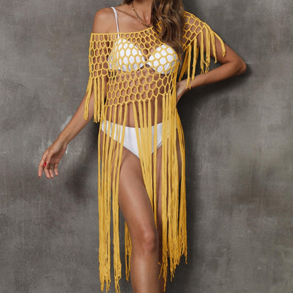 Women Beach Cover up Women Clothing Sexy Cutout Tassel Stitching Pure Hand Crocheting Bikini Overclothes