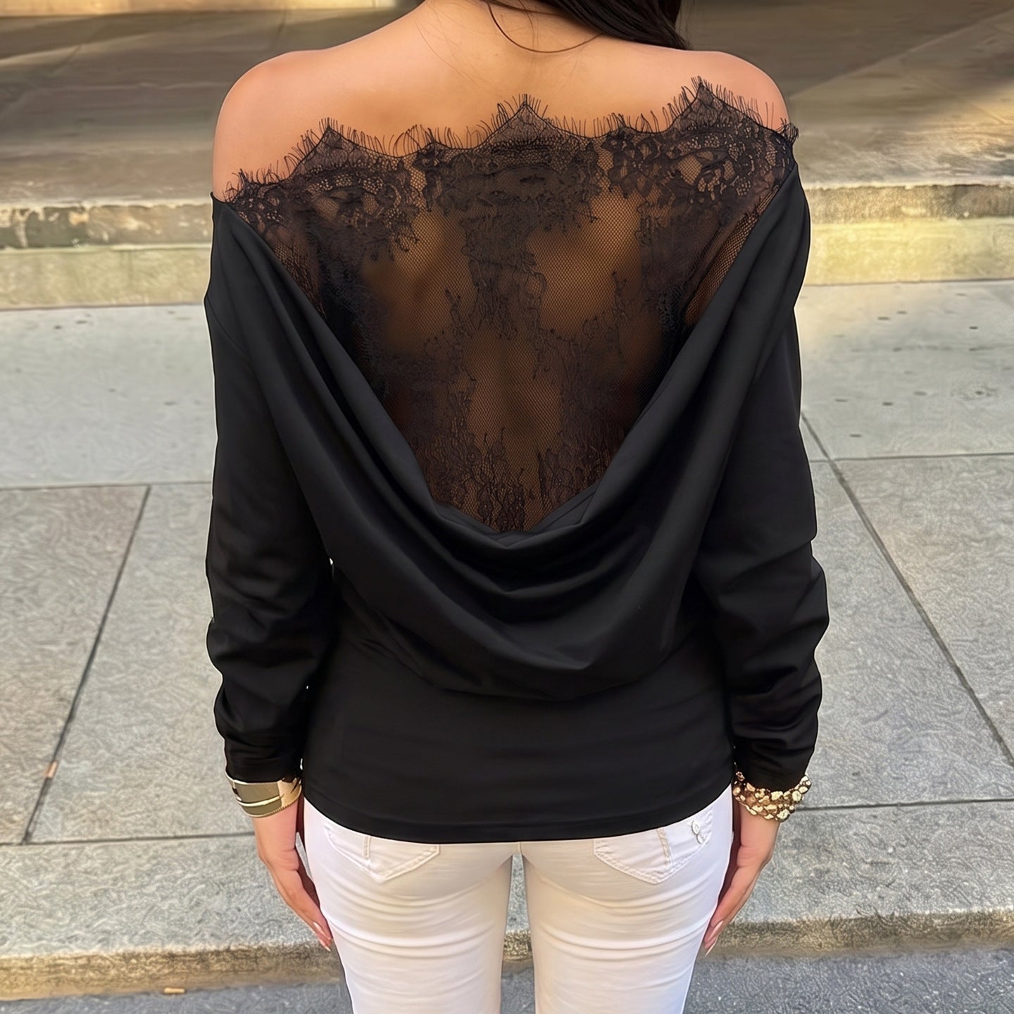 Black Sexy Lace Stitching Hollow Out Cutout out See through Backless Top Swing Collar off Shoulder Waist Controlled Long Sleeves T shirt
