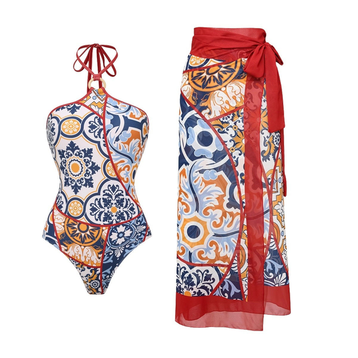 Swimsuit V neck Pattern Printed One Piece Swimsuit Women Wrap Skirt