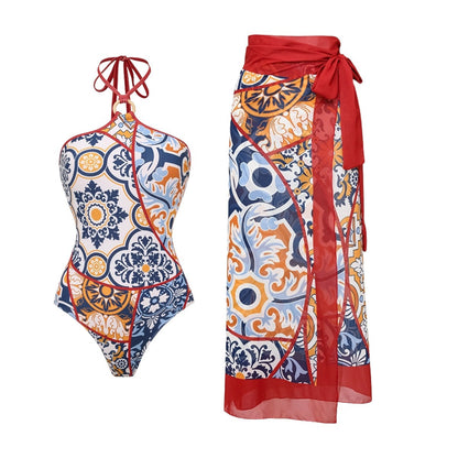 Swimsuit V neck Pattern Printed One Piece Swimsuit Women Wrap Skirt